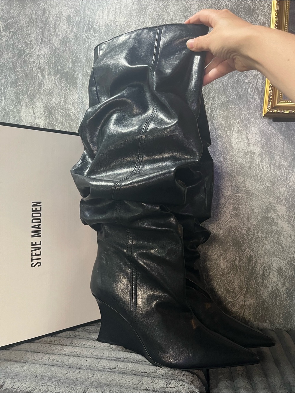Steve Madden Black Slouch Wedge Knee Boots